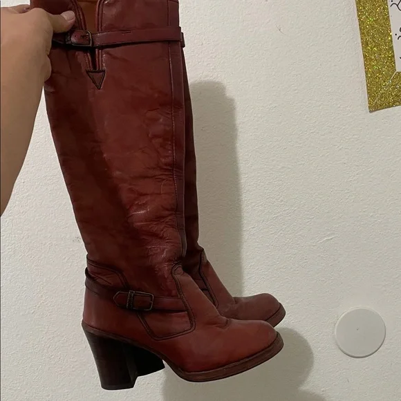 Women's Red Leather Knee-High Boots - Picture 2 of 5